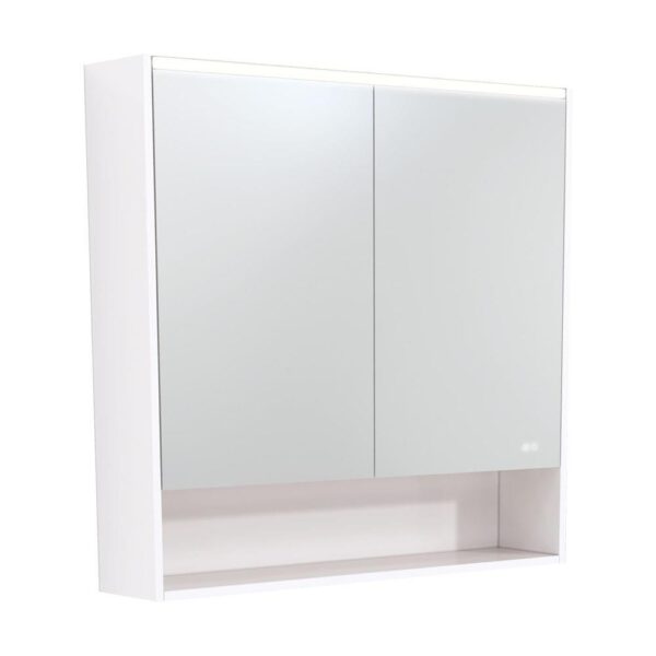 LED Mirror Cabinet With Shelf 900mm Satin White Side Panels & Shelf