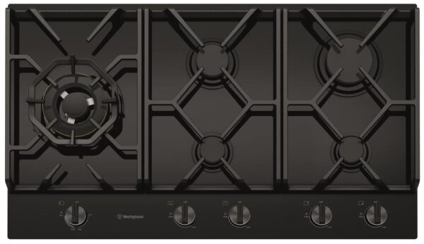 Gas Cooktop 90cm 5 Burner Inc Wok Black Ceramic Glass