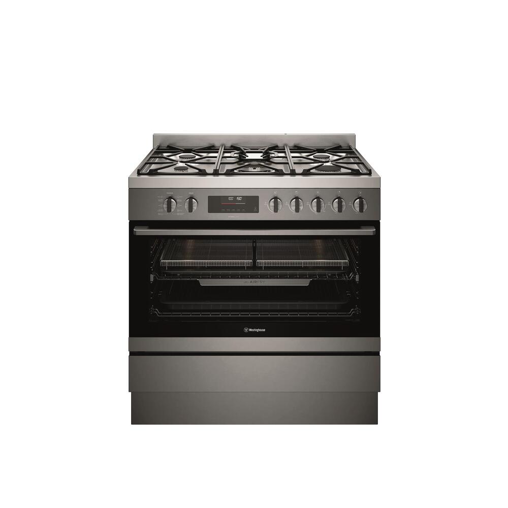 Dual Fuel Cooker 90cm Air Fryer,Steam,Pyrolytic,5 Burner Gas Hob With Wok Dark SS