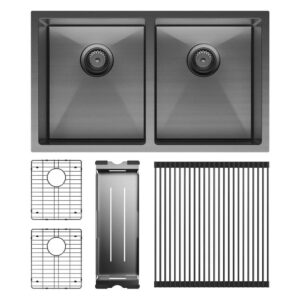 Hana 27/27L Double Kitchen Sink + Kit PVD Carbon Metal 760 x 450 x 200