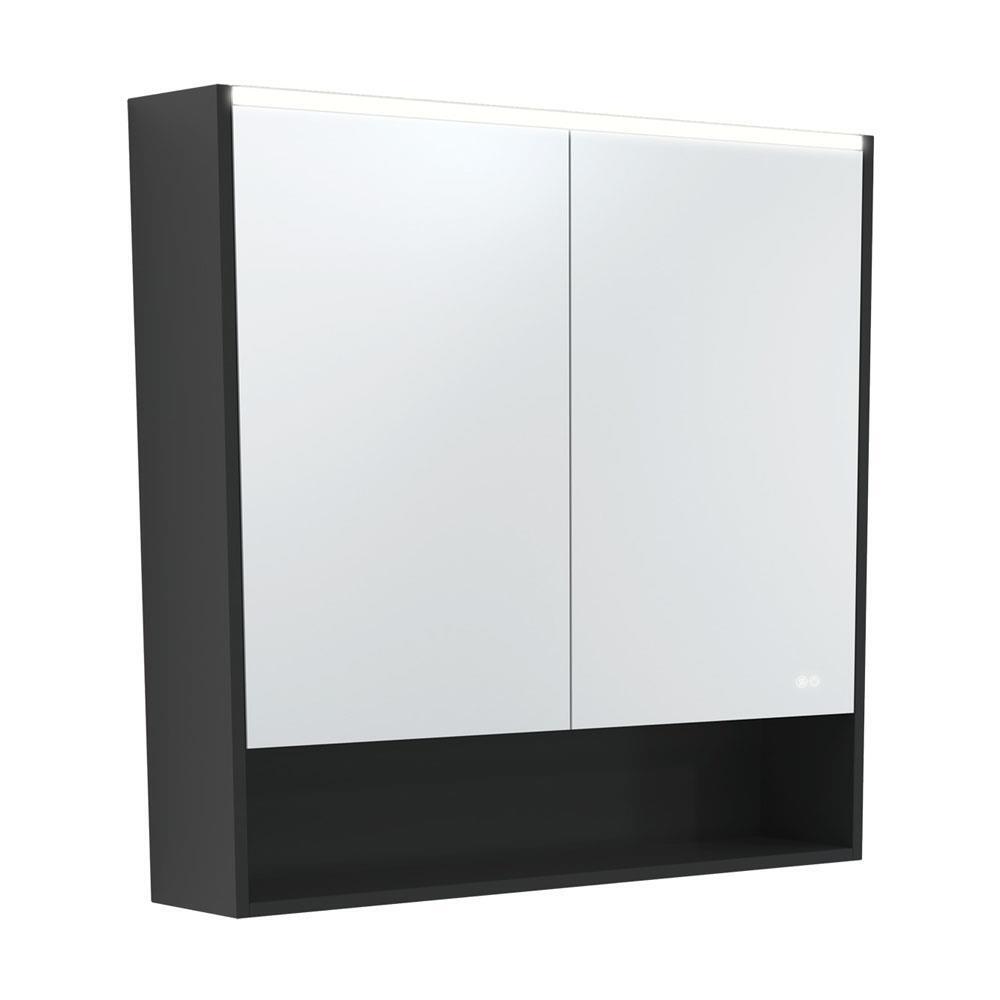 LED Mirror Cabinet With Shelf 900mm Satin Black Side Panels & Shelf