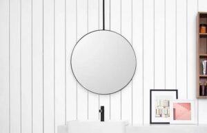 Stella Round Mirror Matte Black Metal Frame 700mm and Ceiling Rail